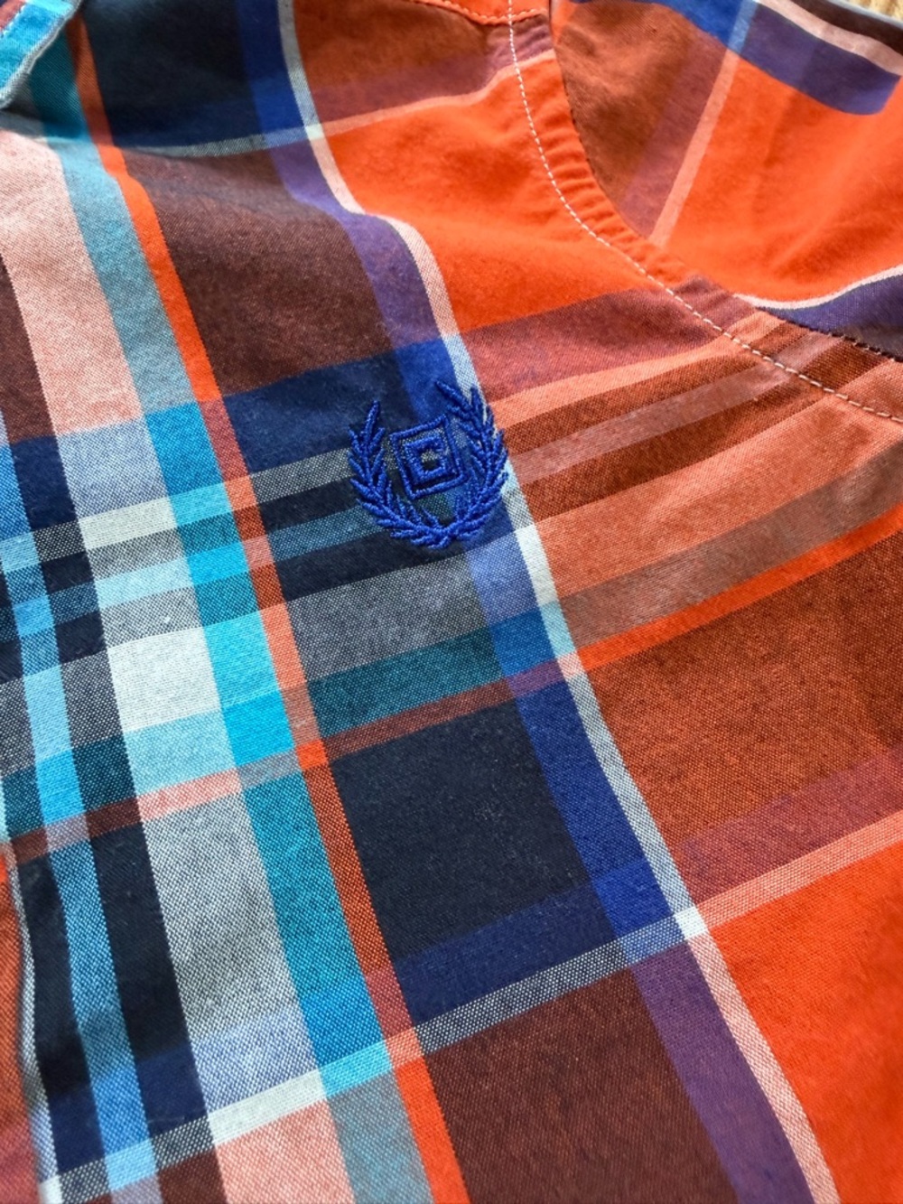 4/$20 Children's Orange & Blue Plaid Button-Up Shirt Cuffed Sleeves Cotton Blend - Picture 3 of 5